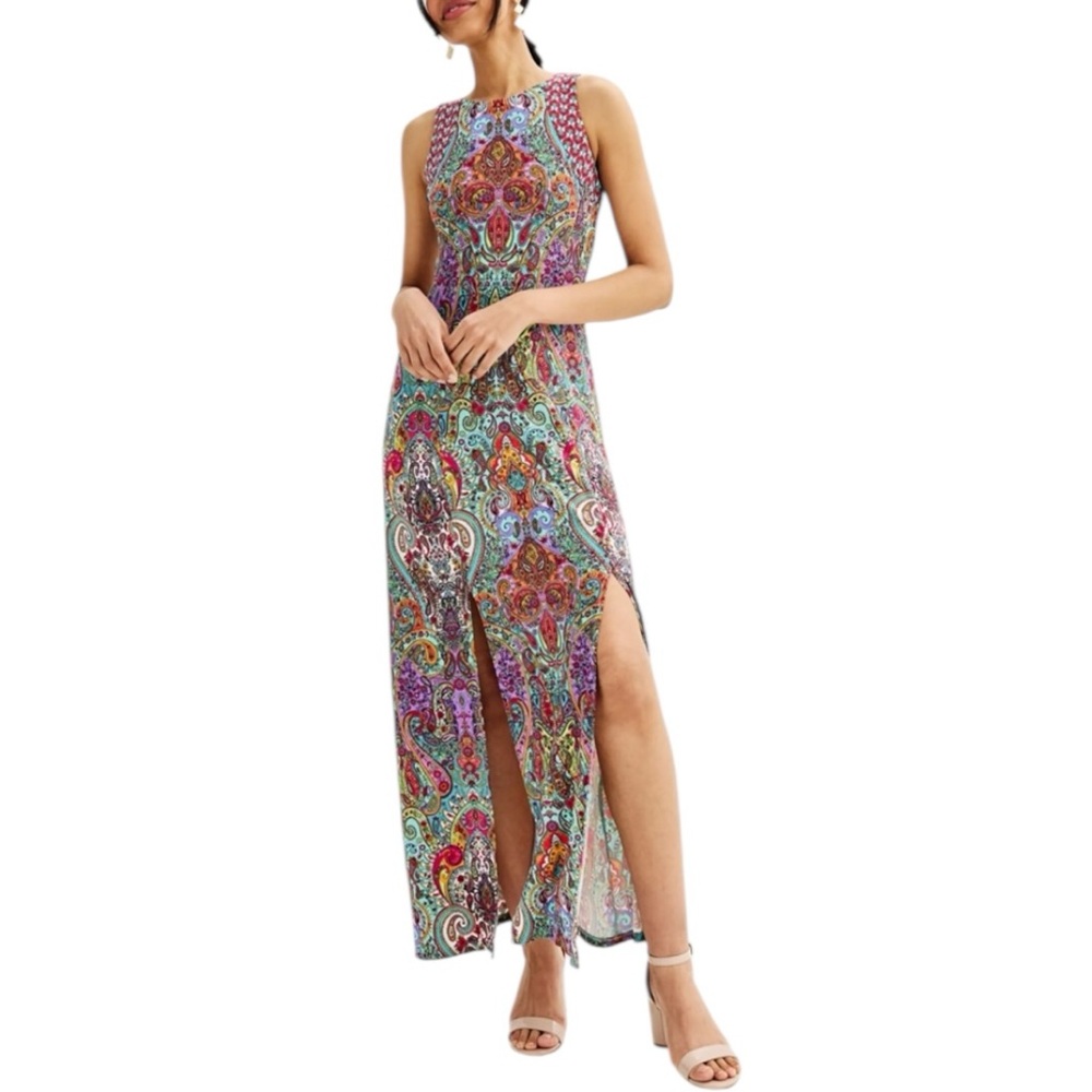 London Times Tank Maxi Dress Double Slits size 8 Sleeveless Paisley Colorful
